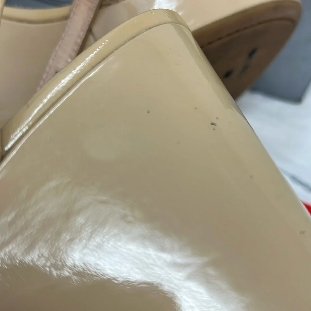Prada Sz 37 Nude Cream Beige Patent Leather Wedge Sandals w/Original Box